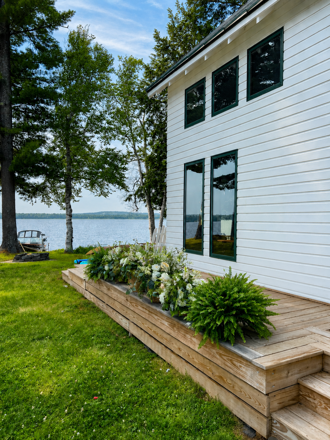 A white clapboard lake home with deep-green trim on a wooded Maine shoreline